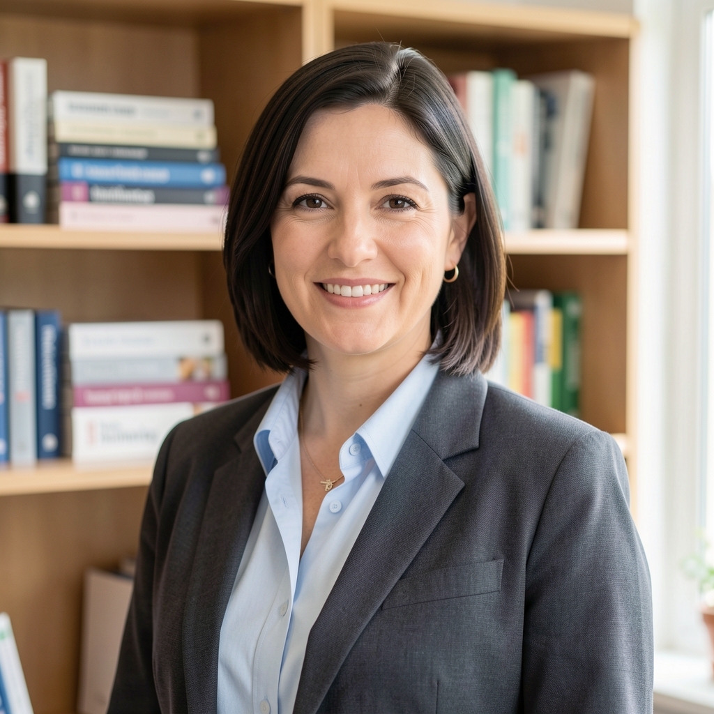 Portrait of a nutrition consultant standing in a light-filled office with wooden shelves and stacked reference books on food science and dietetics in the background
