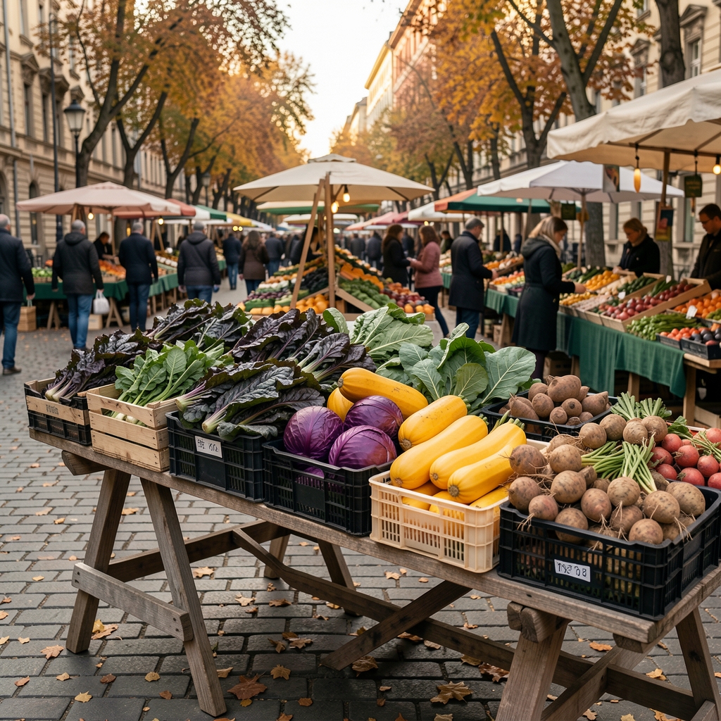 Wide shot of a Bucharest farmers market stall in autumn showing crates of dark leafy greens, yellow squash, purple cabbage, and fresh root vegetables on a wooden trestle