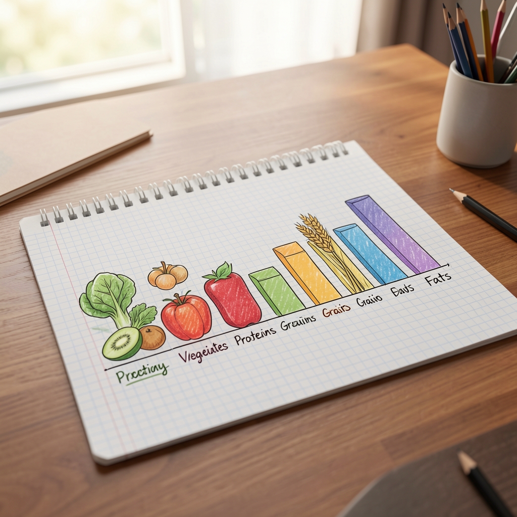 Hand-drawn food group distribution chart on graph paper spread across a consultation desk showing coloured columns for vegetables, fruits, proteins, grains, and fats across seven days