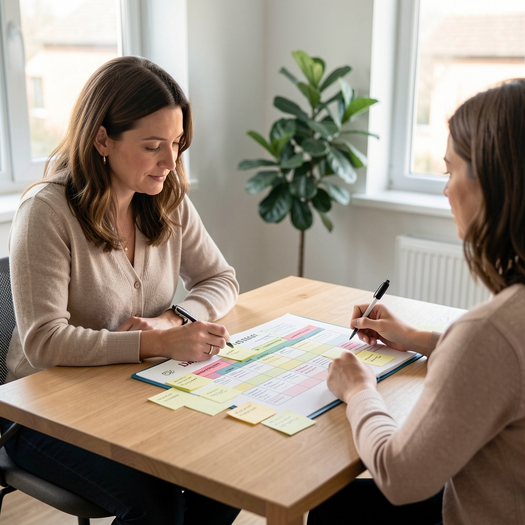 Nutritionist seated across a narrow table from a client, both looking at an open seasonal food plan with post-it note annotations added after four weeks of use