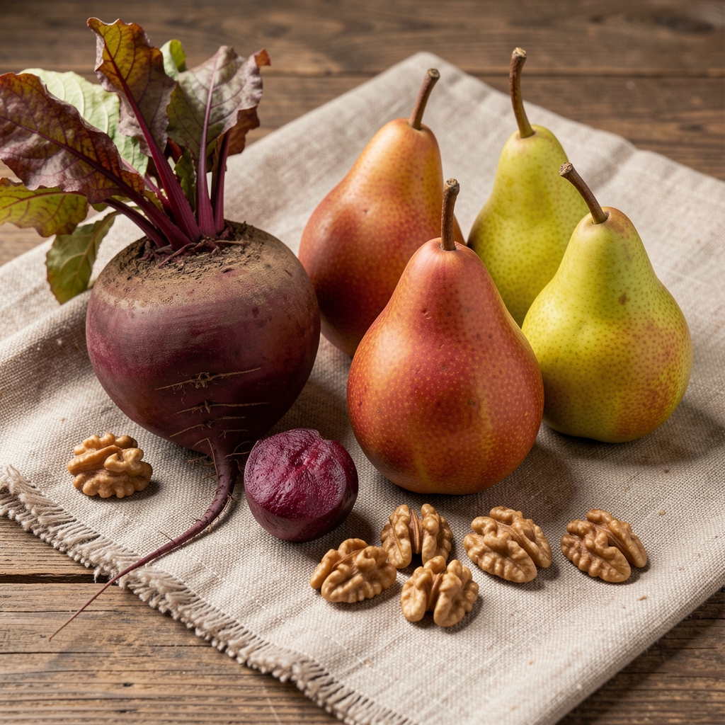 Assortment of seasonal autumn fruits and root vegetables including beetroot, pears, and walnuts arranged on a rustic linen cloth on a wooden surface