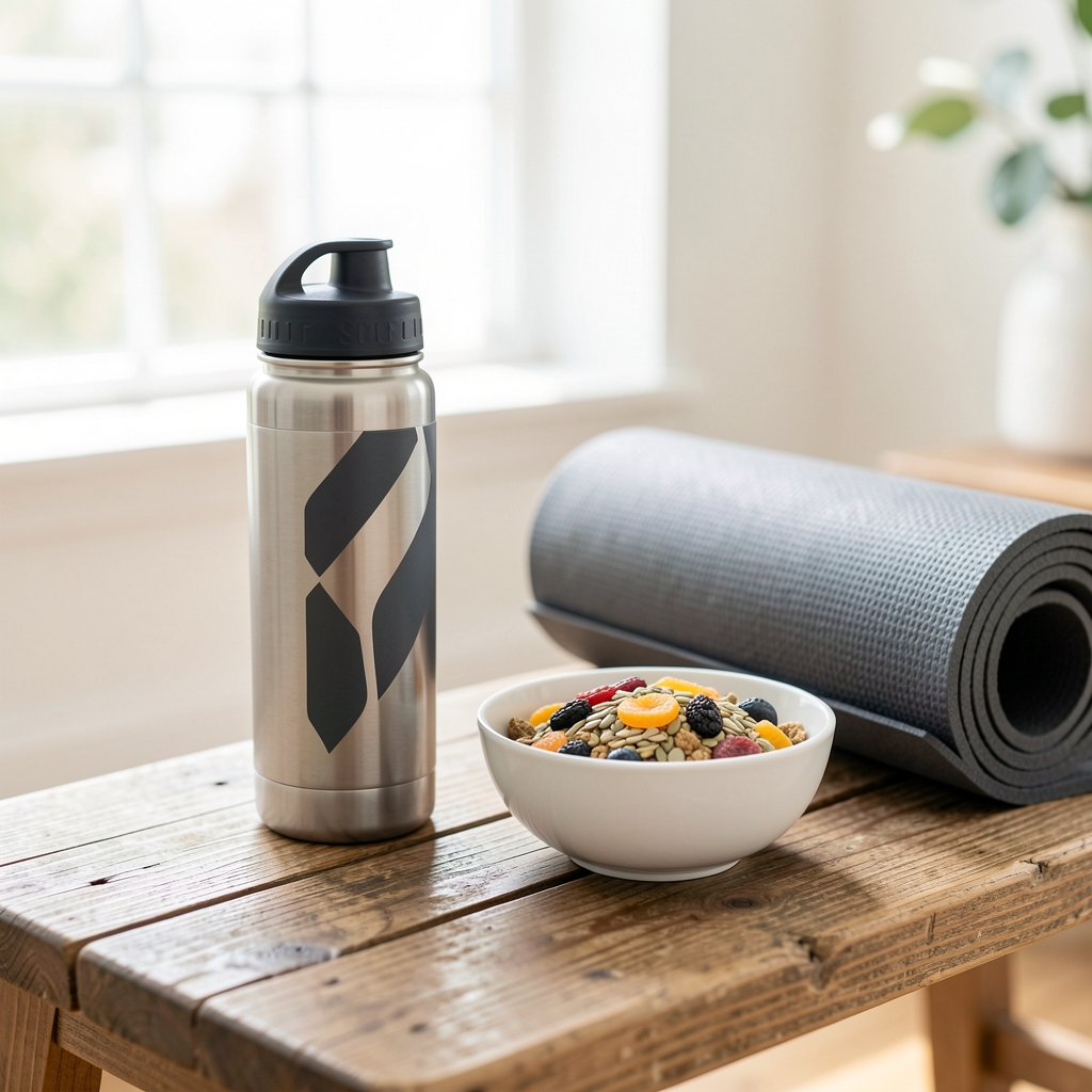 Sports water bottle and a small white bowl of trail mix with dried fruits and seeds on a wooden bench beside a rolled exercise mat in a bright airy space