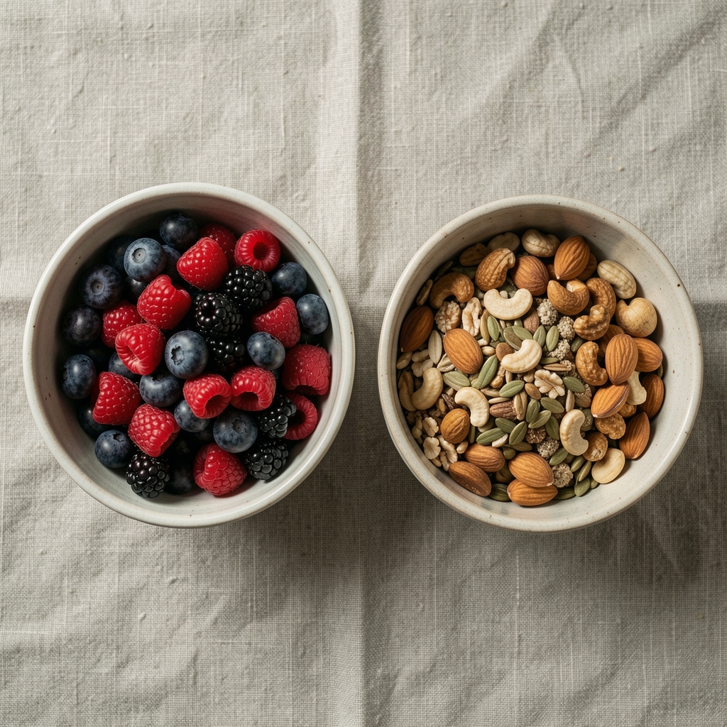 Two ceramic bowls side by side on a linen tablecloth, one containing mixed berry fruits and the other containing assorted nuts and seeds, photographed from above