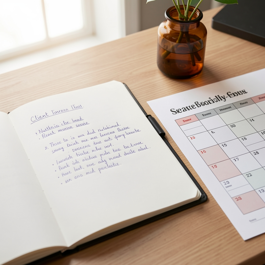 Close-up of an open client intake folder on a desk with handwritten nutritional notes, a printed seasonal food calendar, and a small amber glass vase